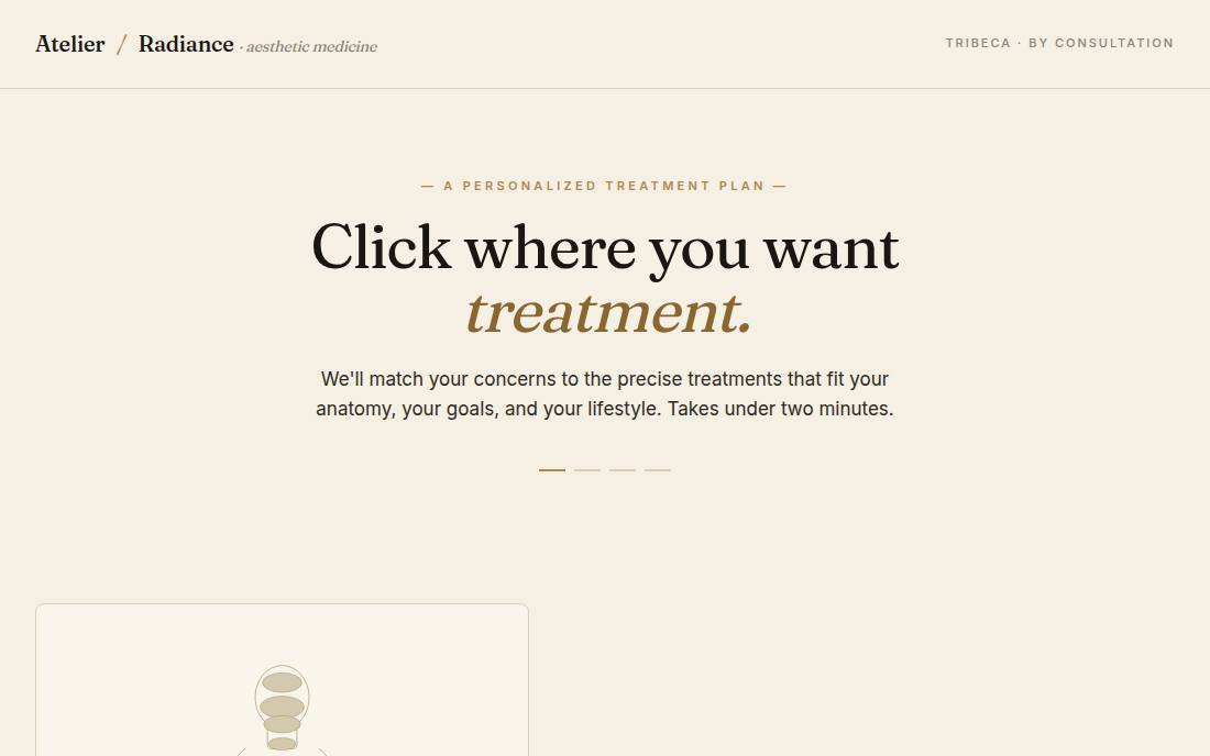 Atelier Radiance: Clickable body-zone selector → treatment match