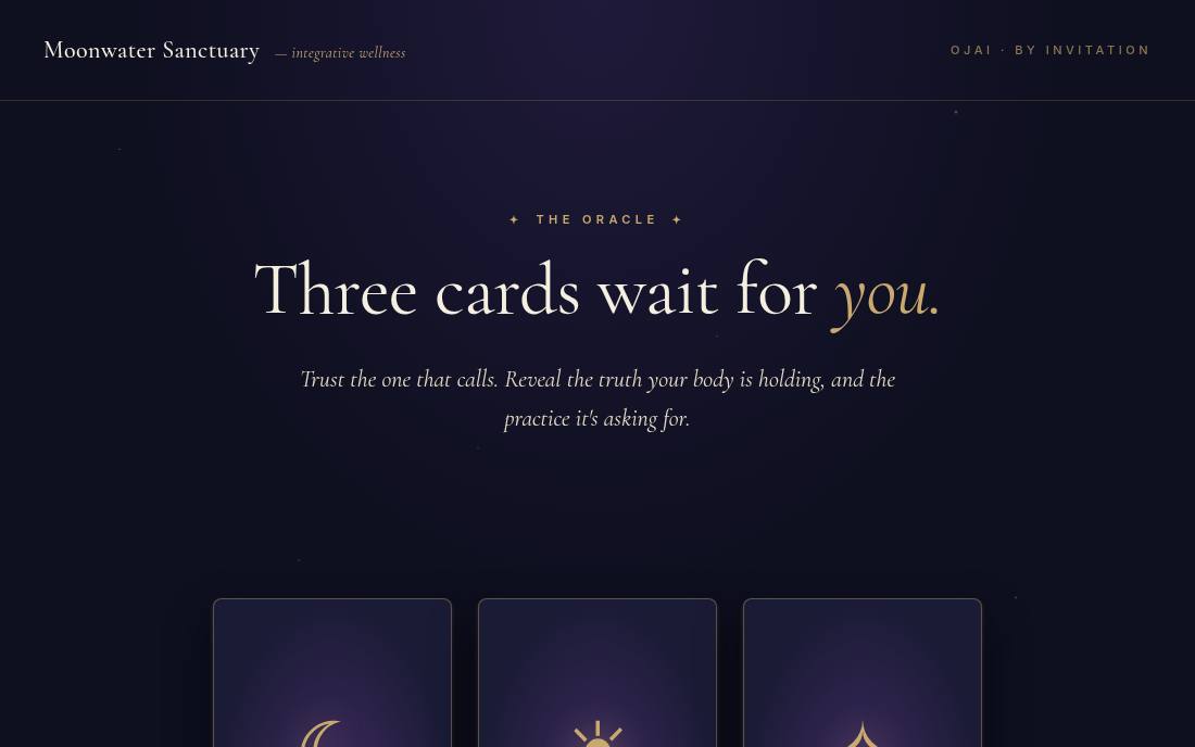 Moonwater Sanctuary: Pick a card → reveal truth → personalized practice