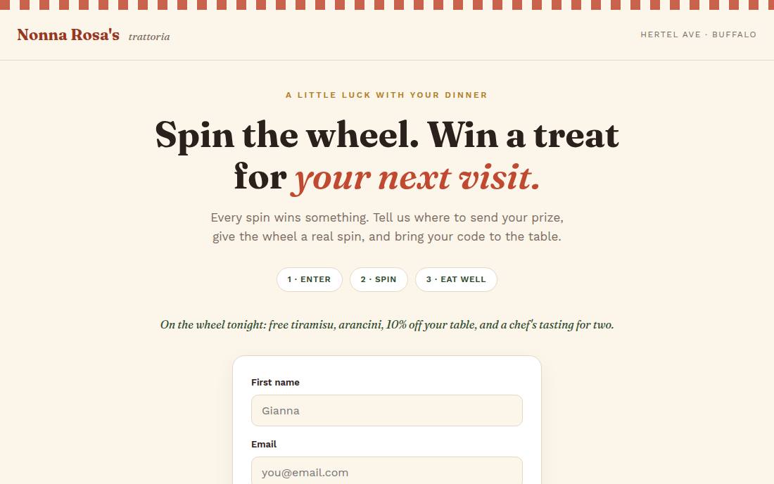 Nonna Rosa's Trattoria: Enter → spin the wheel → win a treat → reserve or gift card