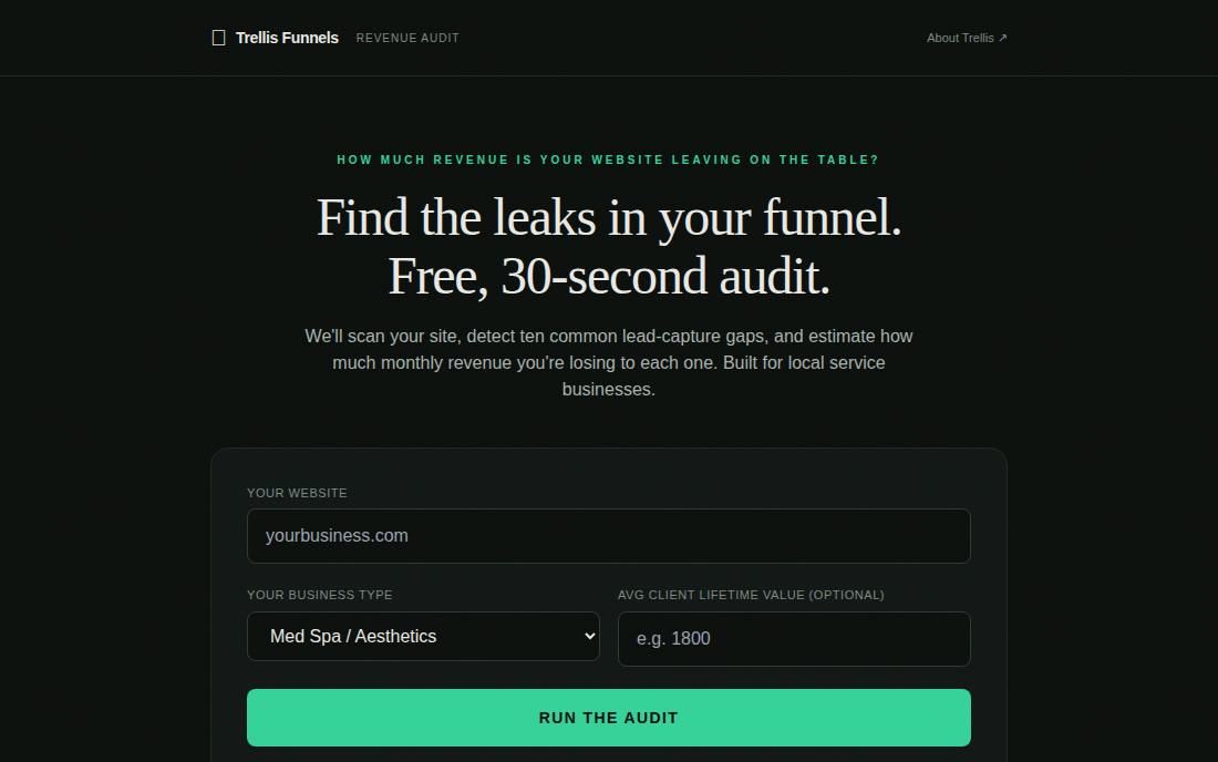 Trellis Revenue Audit: Paste URL → 10-gap scan → monthly $ lost report