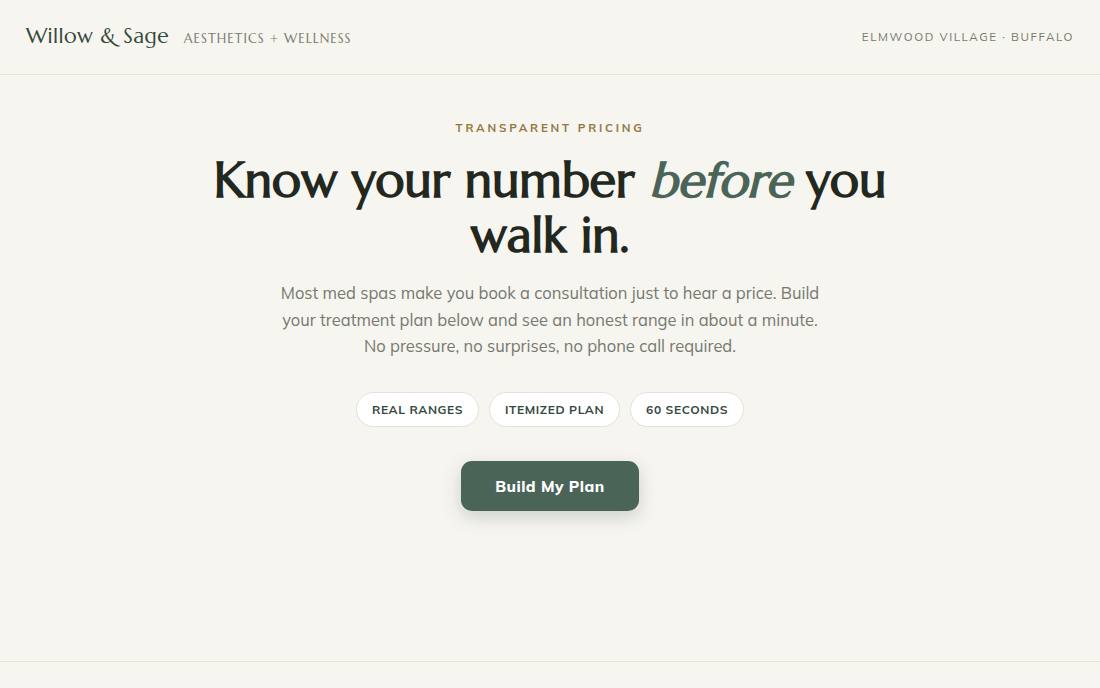 Willow & Sage Aesthetics: Build your plan → live price range → itemized estimate